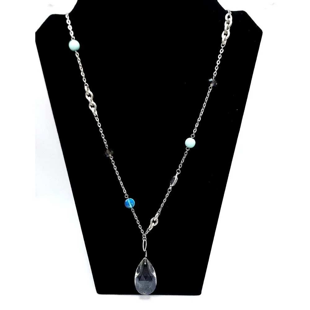 LOFT Aqua Teardrop Station‎ Necklace Silver Boho Long